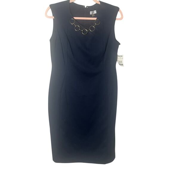 Calvin Klein NWT Navy Blue Sheath Dress with Gold Chain Detail Size 10 - Picture 1 of 8